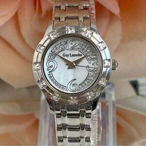 Guy Laroche Crystal Accented Stainless Steel Dress Watch Mother of Pearl Dial
